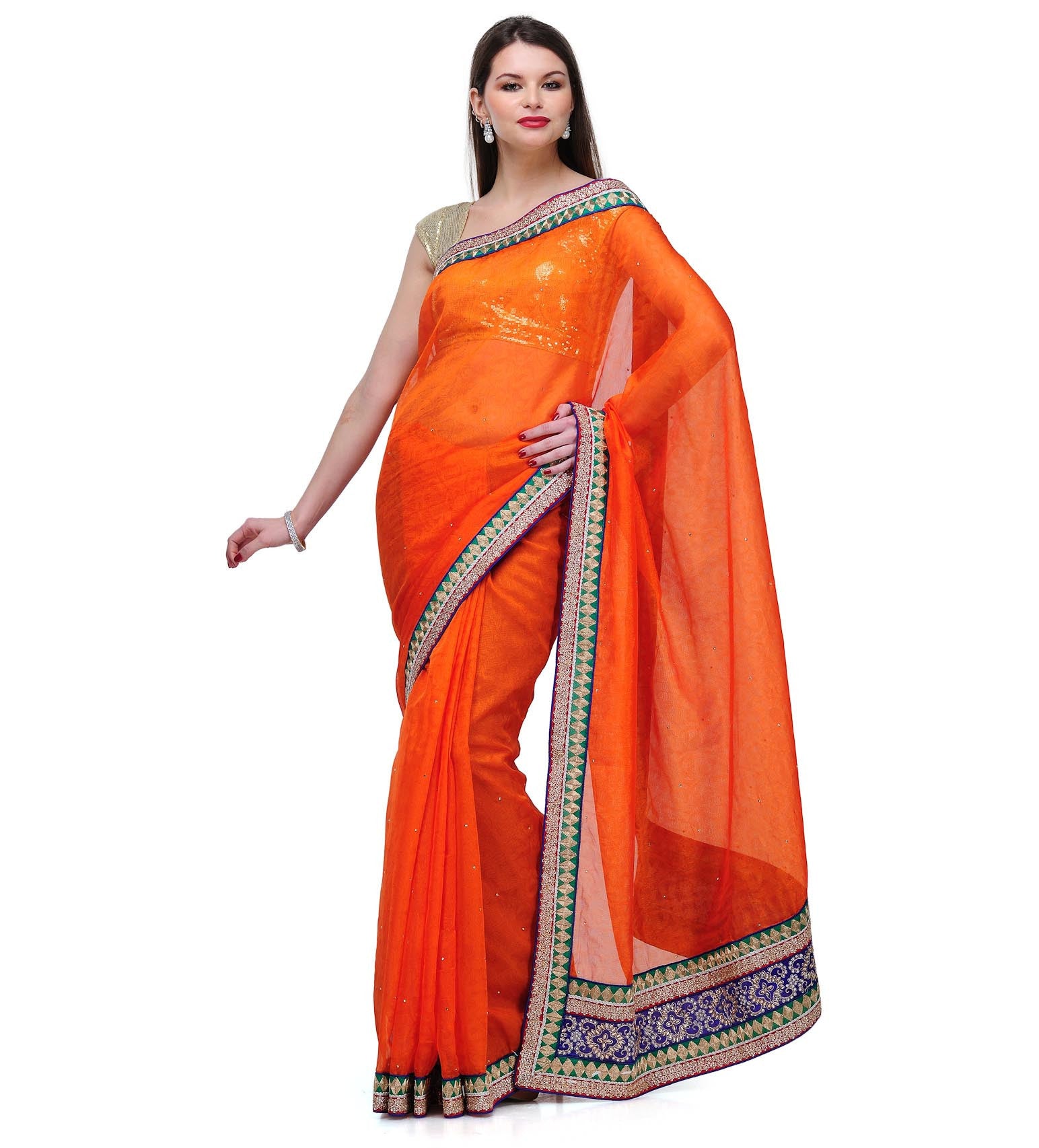 Orange Brasso Saree with Kundan Work