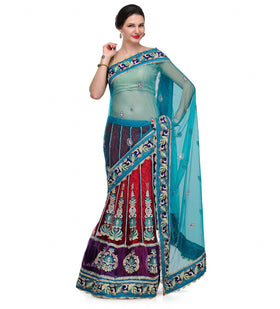 Turquoise Net Lehenga Style Saree