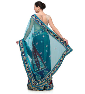 Turquoise Net Lehenga Style Saree