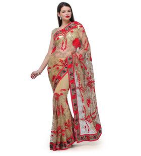 Fawn Net Saree with Resham Sequin Work