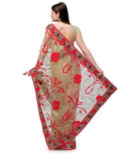 Fawn Net Saree with Resham Sequin Work