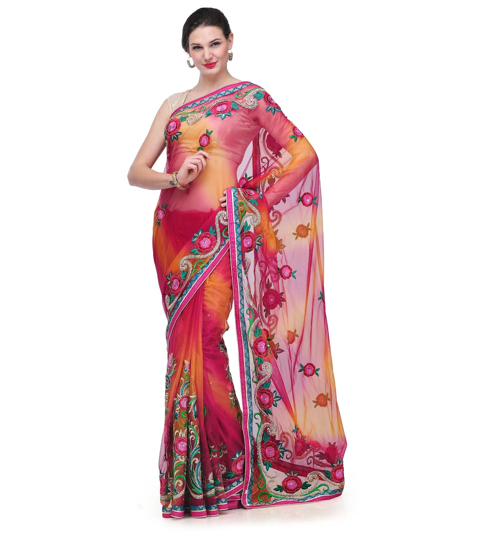 Orange & Magenta Shaded Net Saree