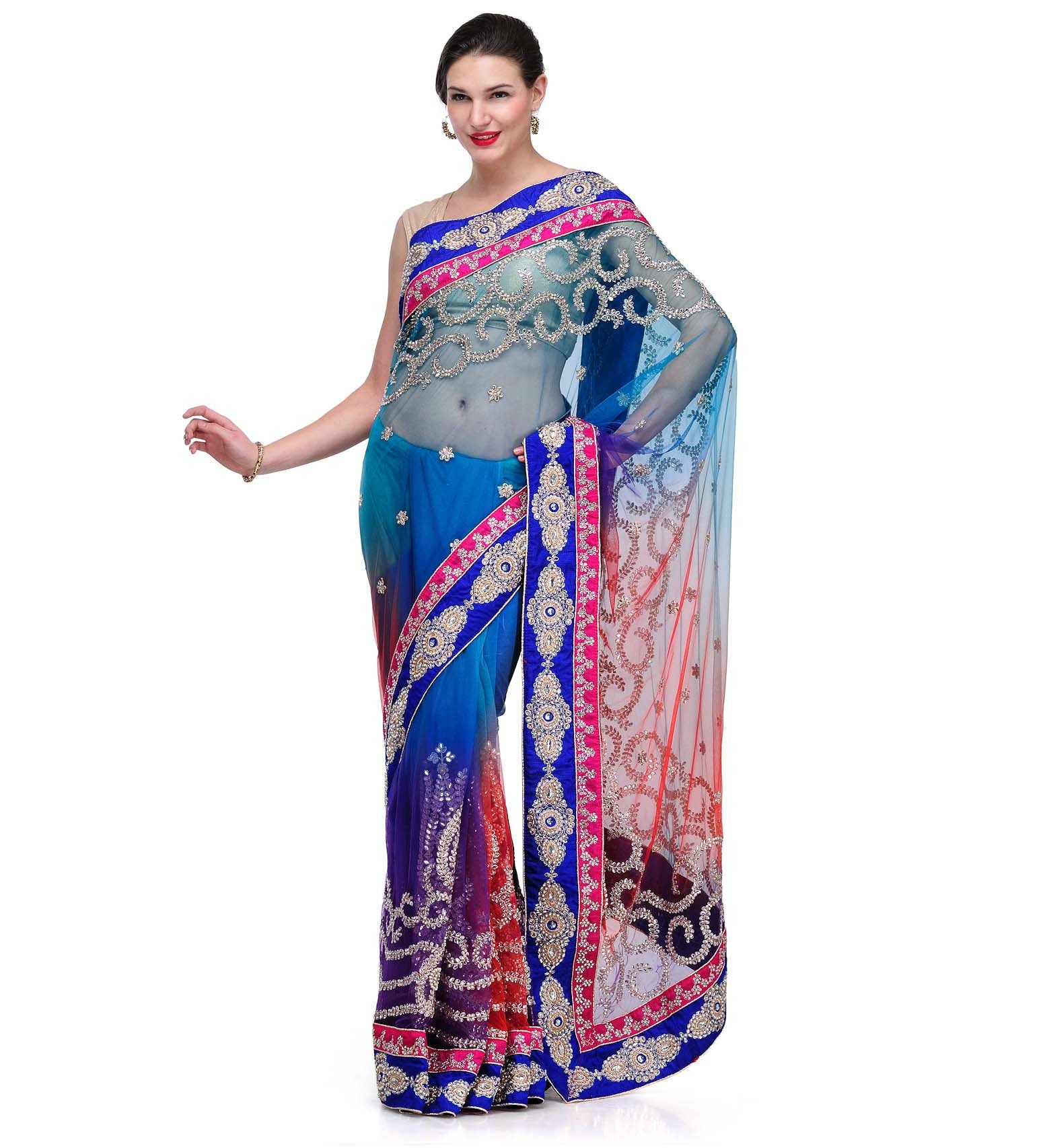 Turquoise & Rust Shaded Net Saree