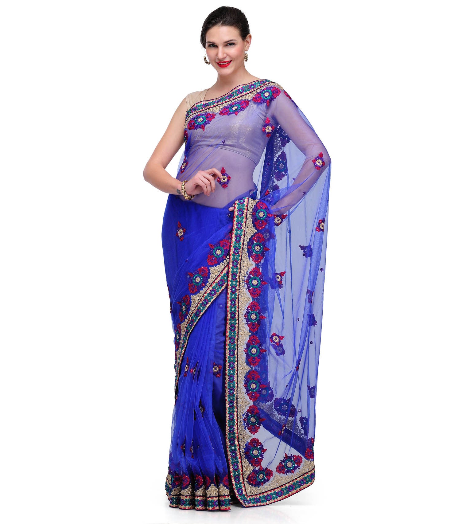 Royal Blue Net Saree with Resham Work