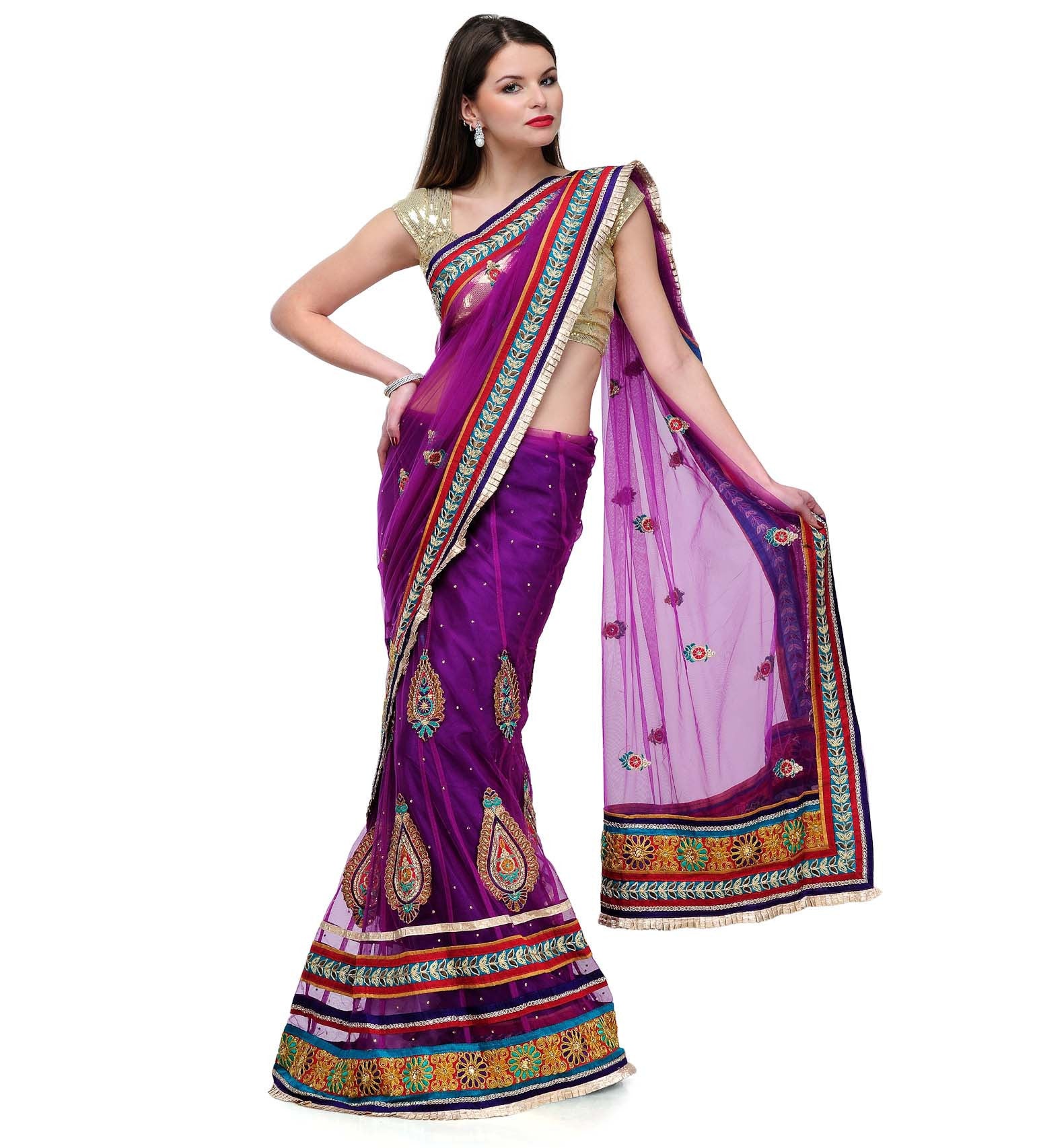 Purple Net Lehenga Style Saree