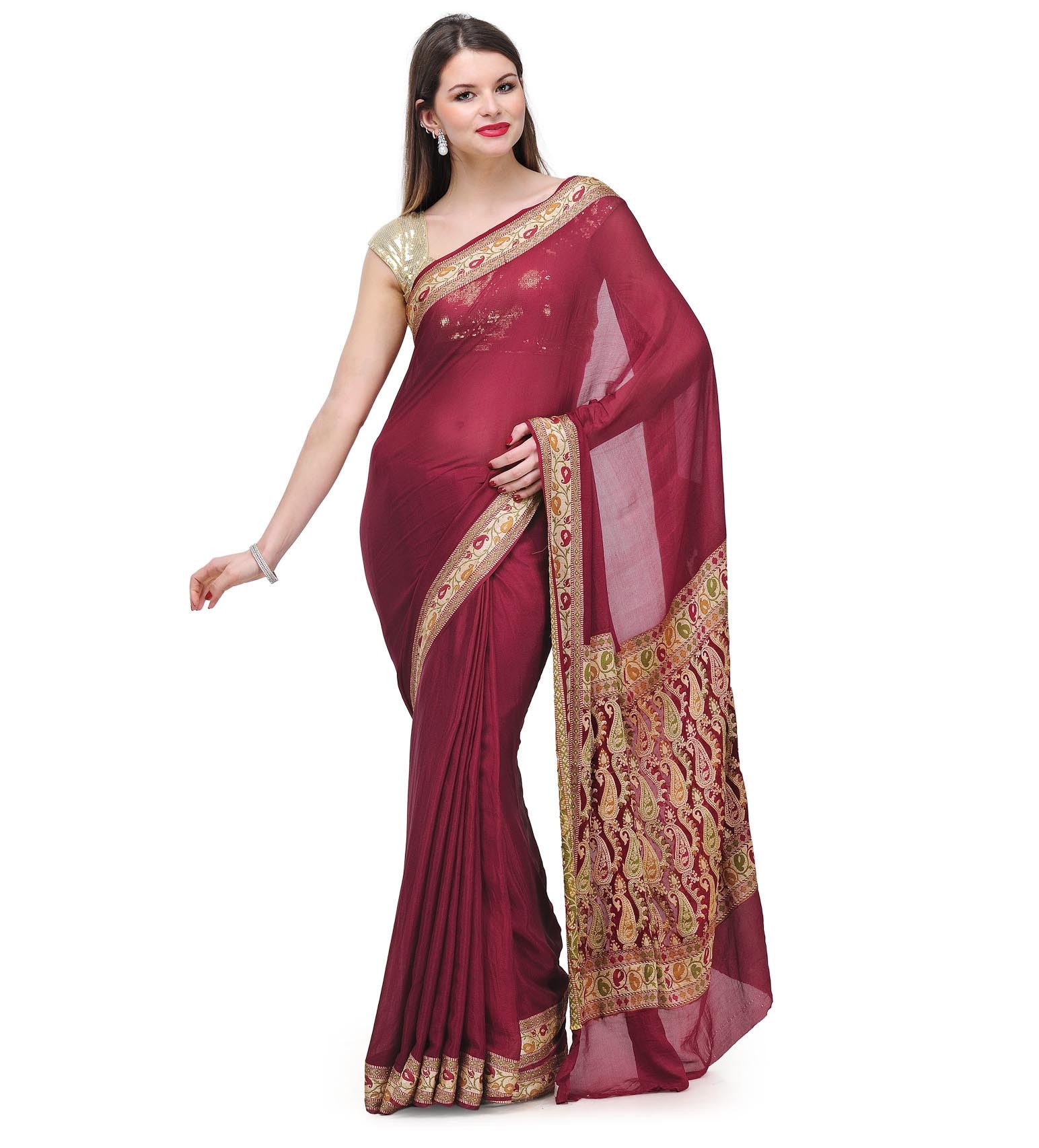 Maroon Resham Woven Pure Crepe Saree