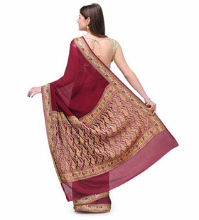 Maroon Resham Woven Pure Crepe Saree