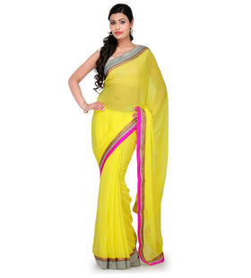 Yellow Faux Chiffon Saree with Brocade Border