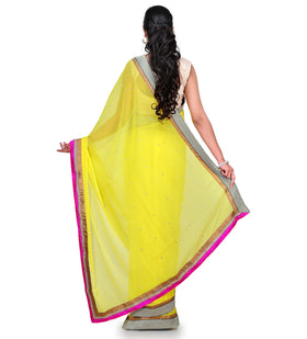 Yellow Faux Chiffon Saree with Brocade Border