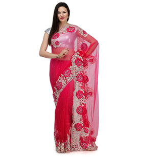 Red & Magenta Shaded Net Saree