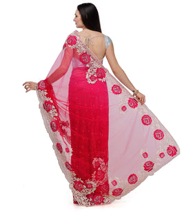 Red & Magenta Shaded Net Saree