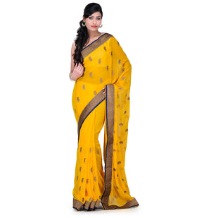 Yellow Faux Chiffon Saree with Zari Border