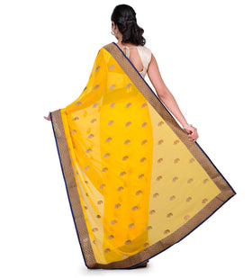 Yellow Faux Chiffon Saree with Zari Border