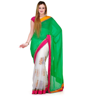 Green & White Faux Georgette Saree