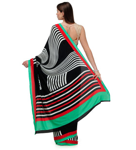 Black & White Printed Faux Crepe Saree