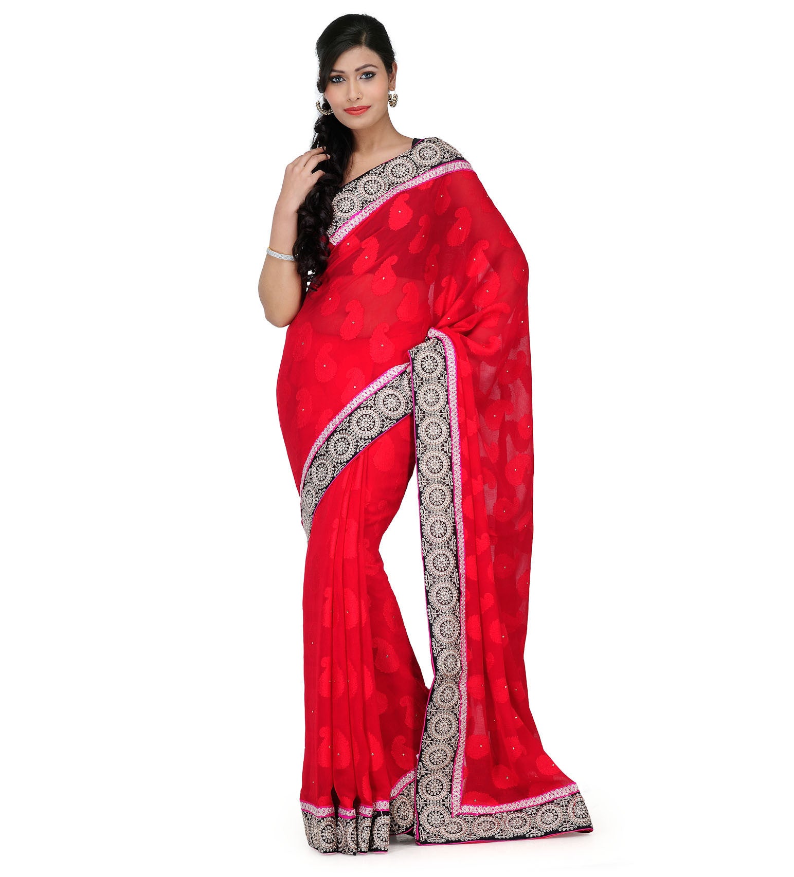 Red Faux Chiffon Jacquard Saree