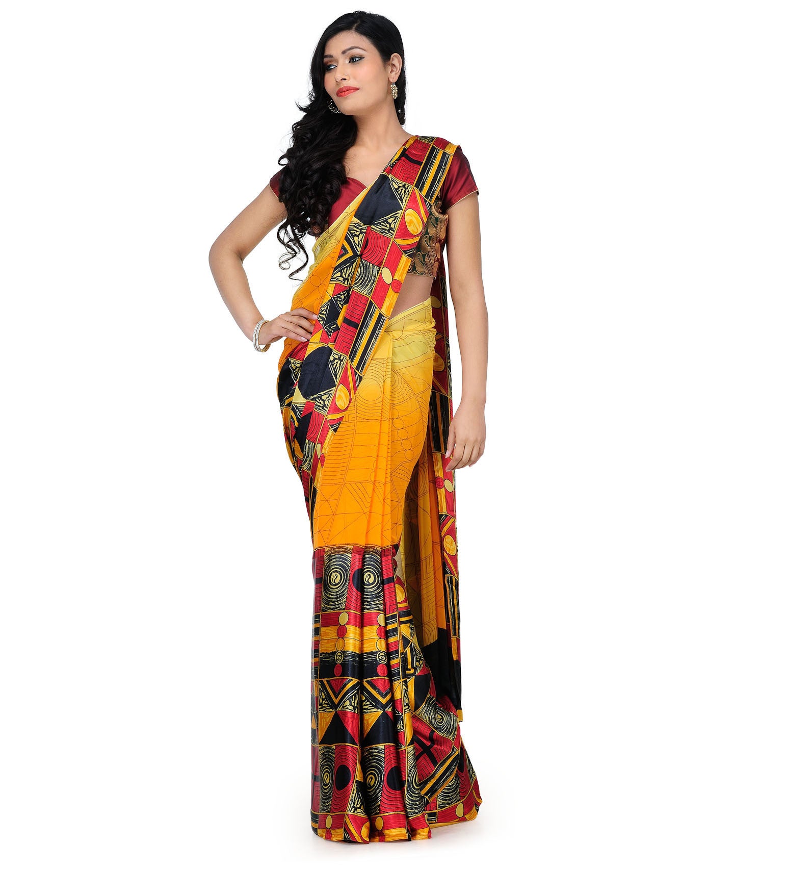 Yellow Shaded Faux Georgette Printed Saree