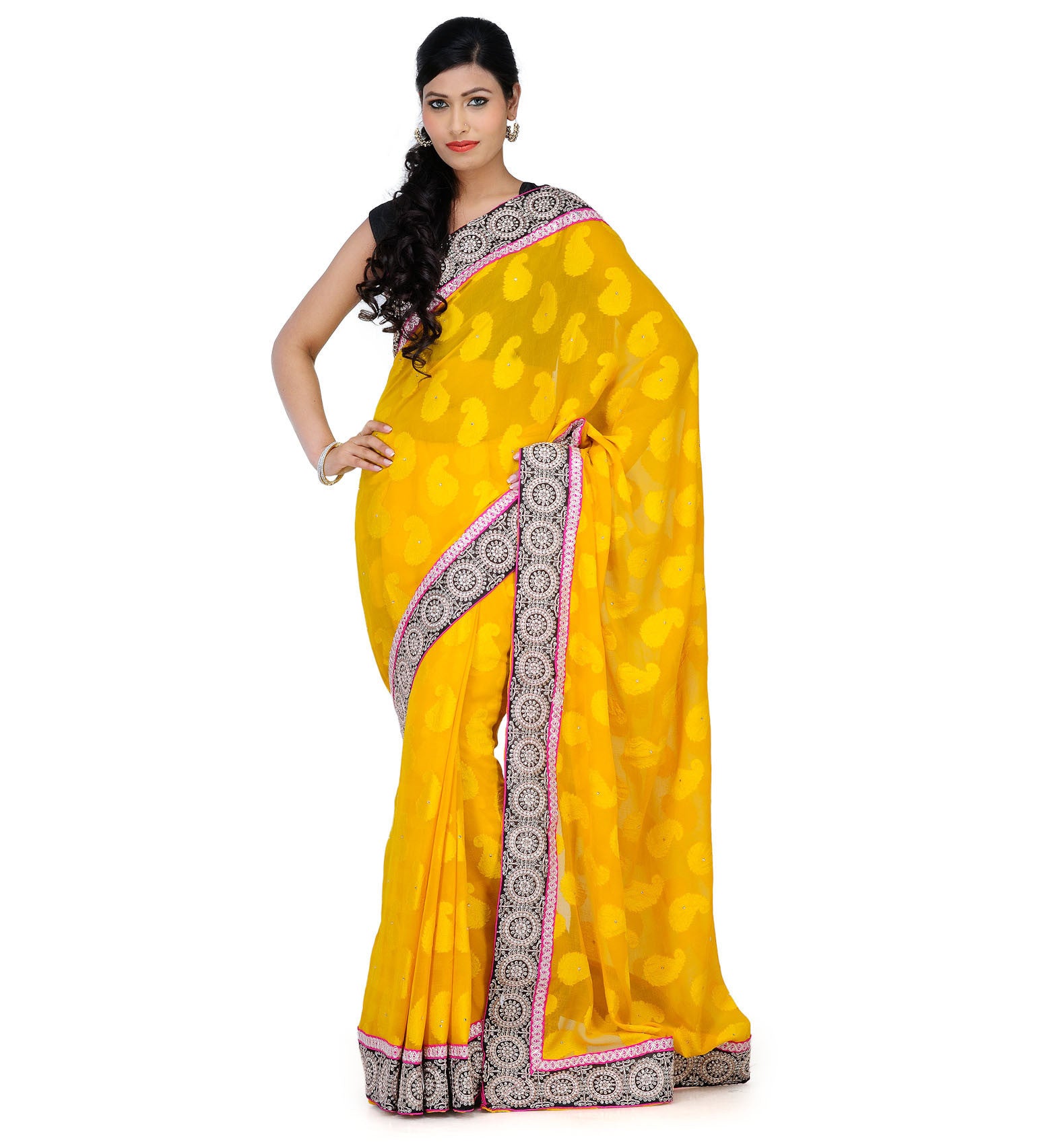 Yellow Faux Chiffon Jacquard Saree