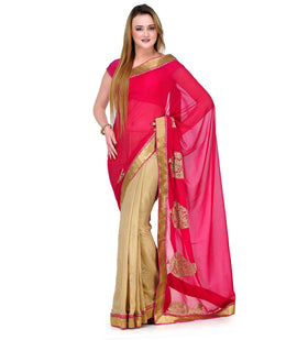 Magenta & Beige Faux Chiffon Saree