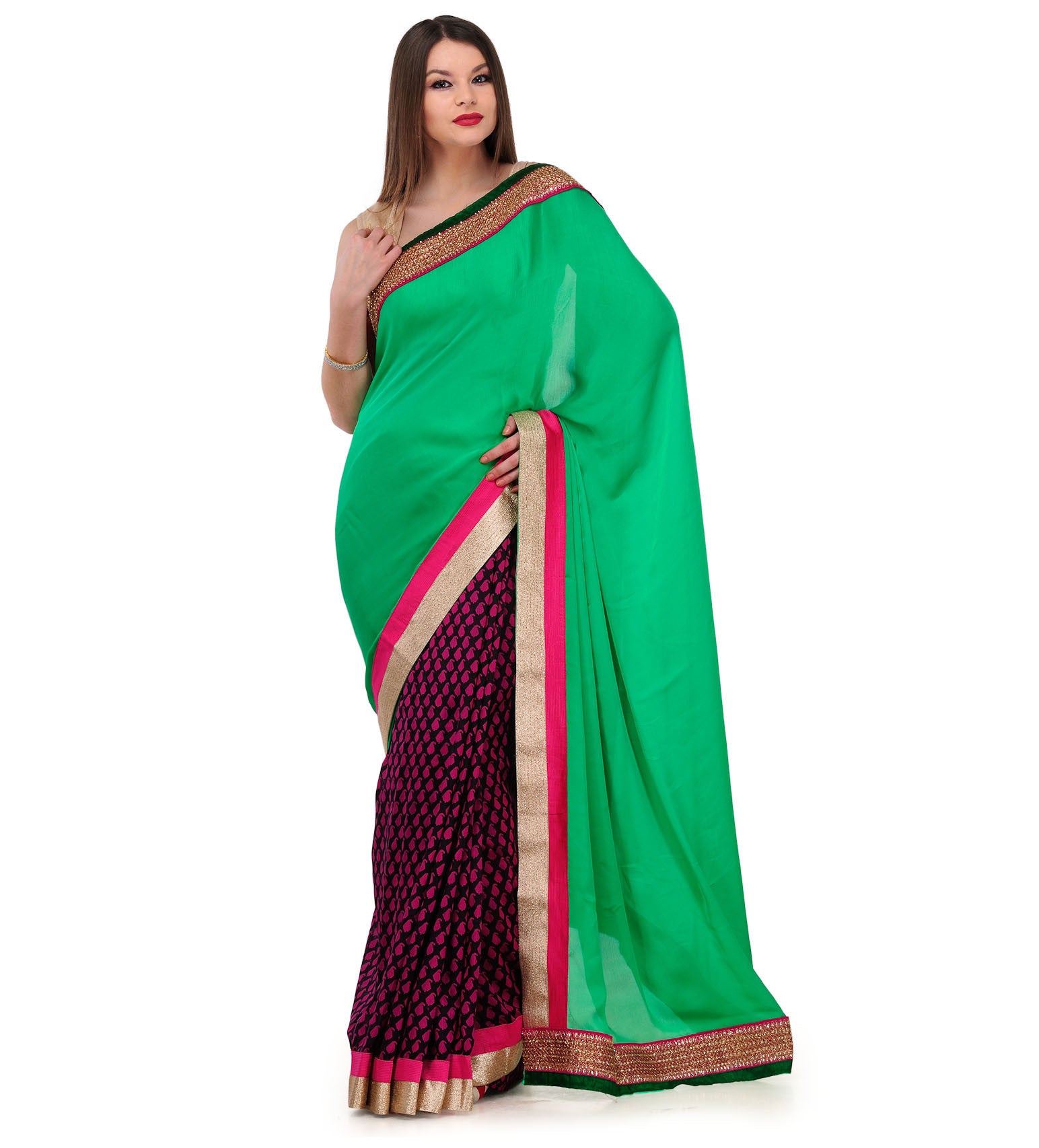 Green & Magenta Satin Saree