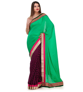 Green & Magenta Satin Saree