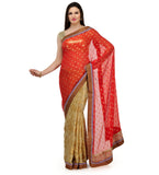 Red & Fawn Faux Chiffon Saree