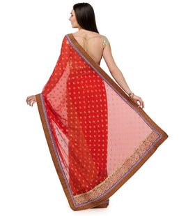 Red & Fawn Faux Chiffon Saree