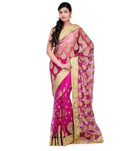 Magenta Net Saree with Zari Border