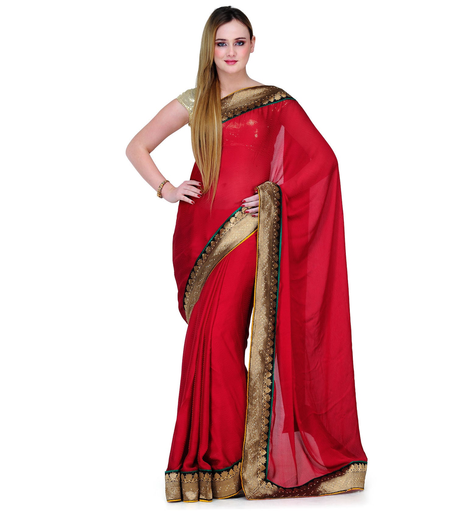 Red Faux Chiffon Saree with Brocade Border