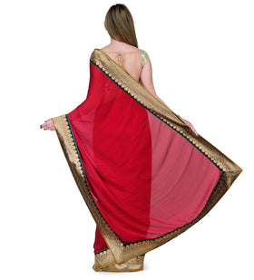 Red Faux Chiffon Saree with Brocade Border