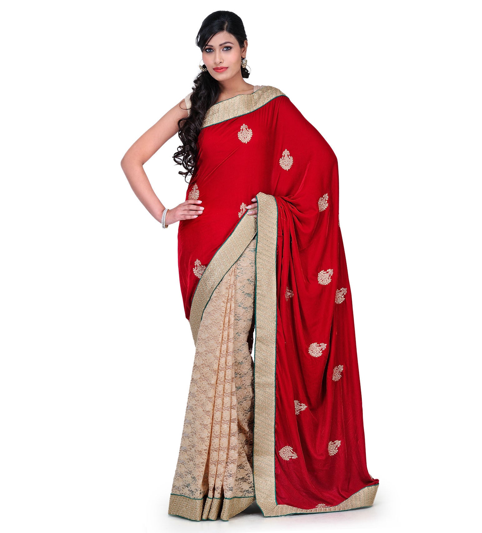 Red Net & Velvet Saree