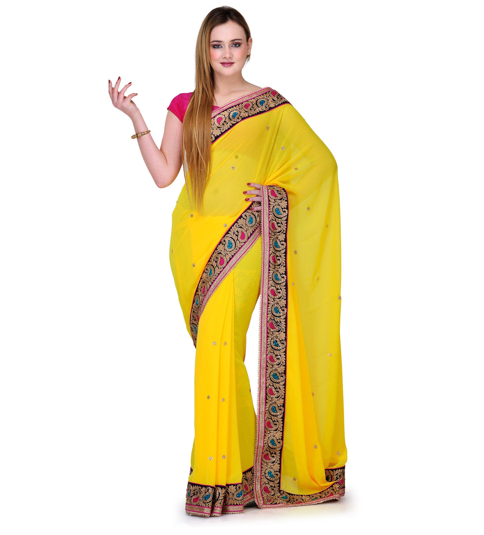 Neon Yellow Faux Chiffon Saree