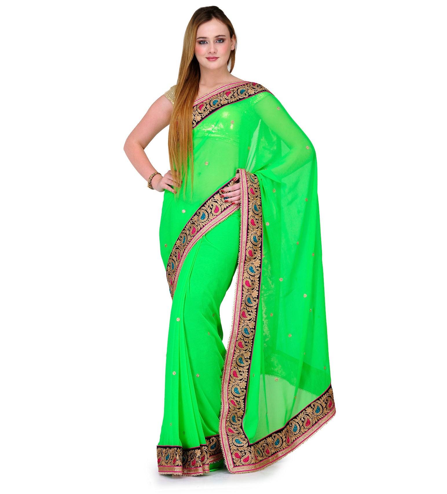 Neon Green Faux Chiffon Saree