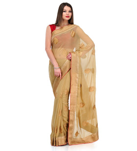 Fawn Faux Chiffon Saree with Zari Buta