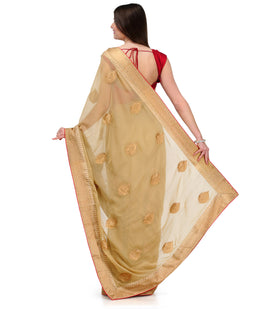 Fawn Faux Chiffon Saree with Zari Buta