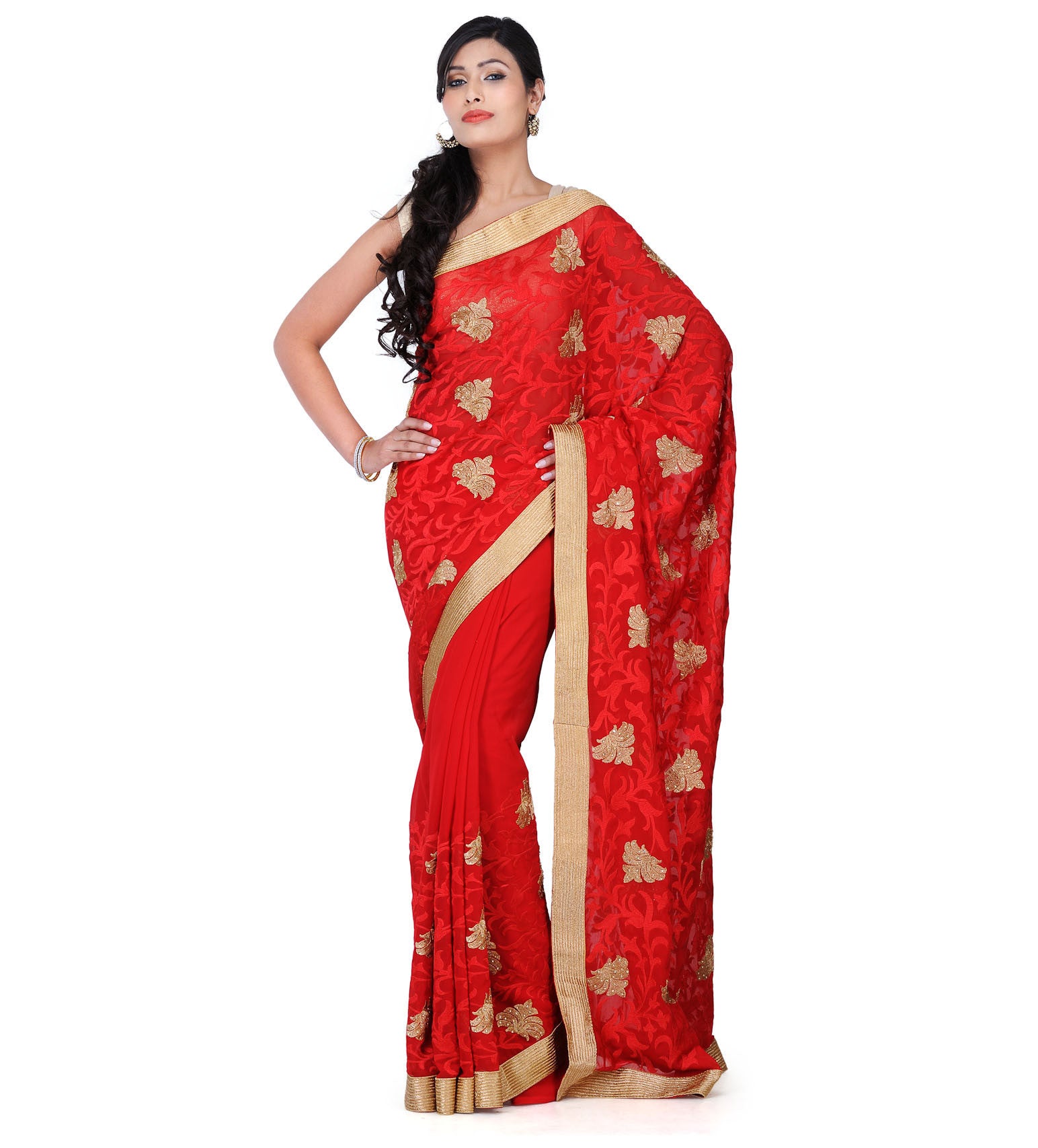 Red Faux Chiffon Saree with Zari Border