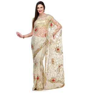 Off White Net Saree with Resham Work