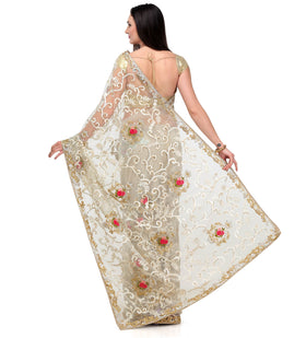 Off White Net Saree with Resham Work