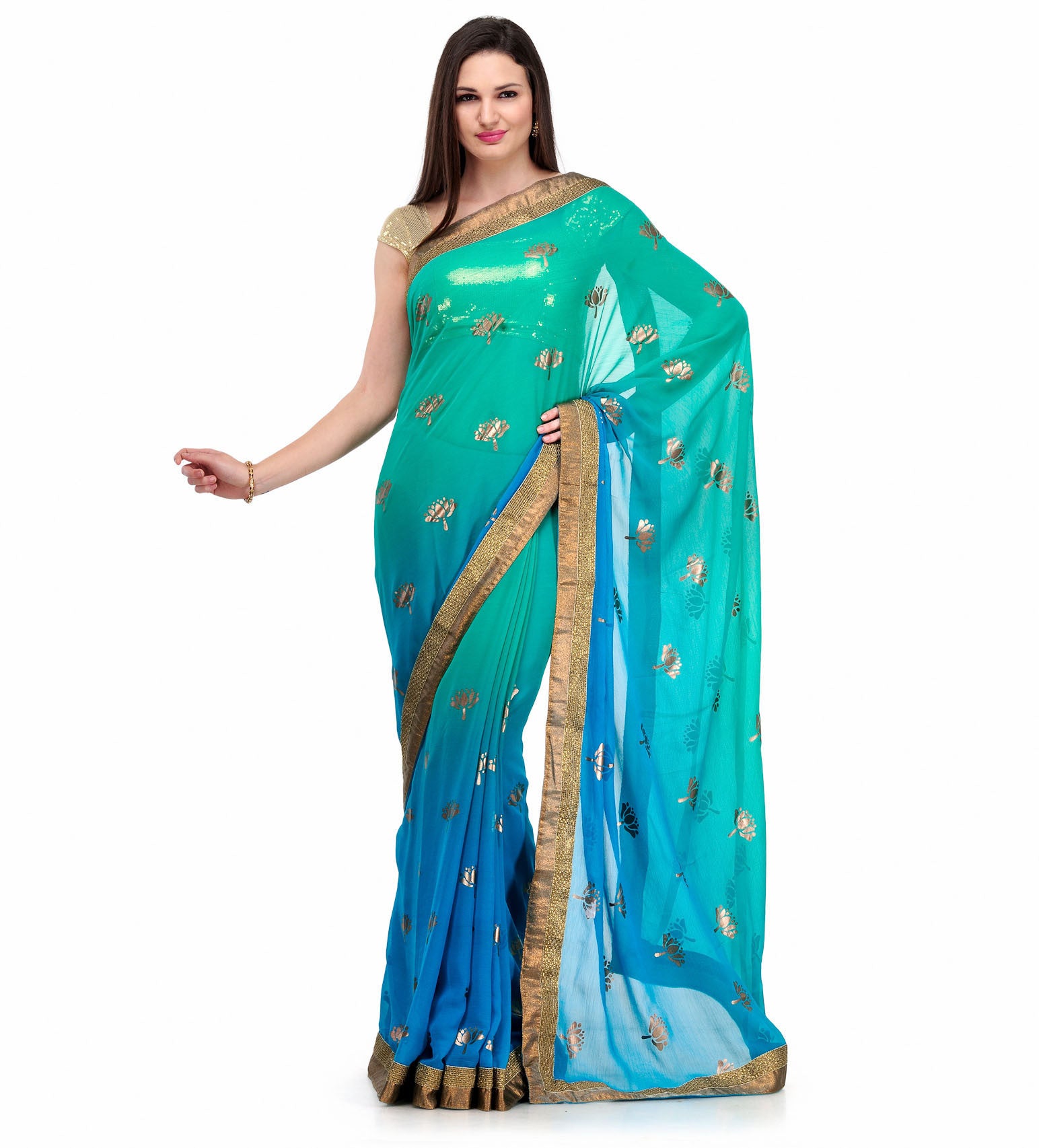 Green & Blue Shaded Faux Chiffon Saree