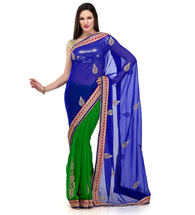 Royal Blue & Green Faux Chiffon Saree