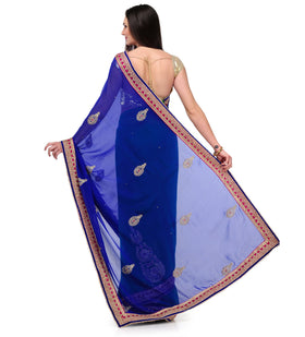 Royal Blue & Green Faux Chiffon Saree