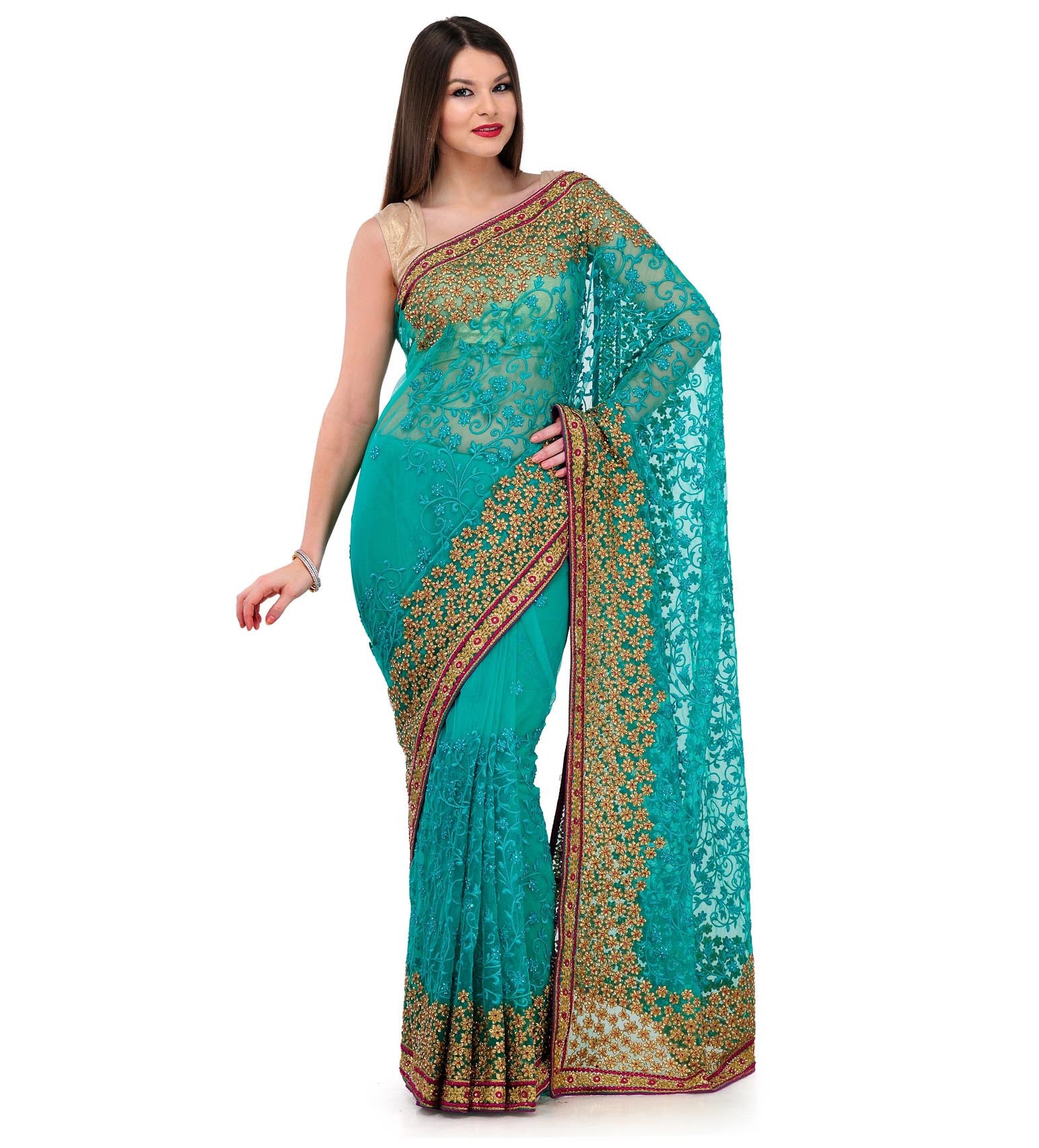 Turquoise Net Saree with Swarovski Work