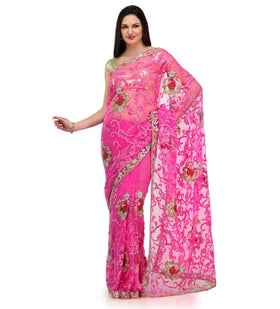 Pink Net Saree with Swarovski Work