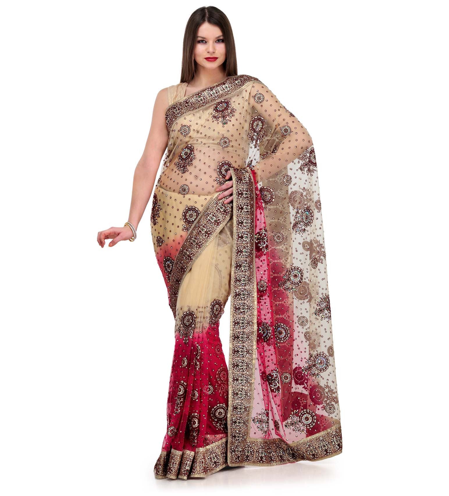 Beige & Maroon Shaded Net Saree