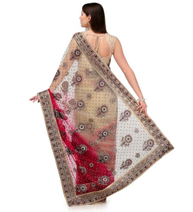 Beige & Maroon Shaded Net Saree