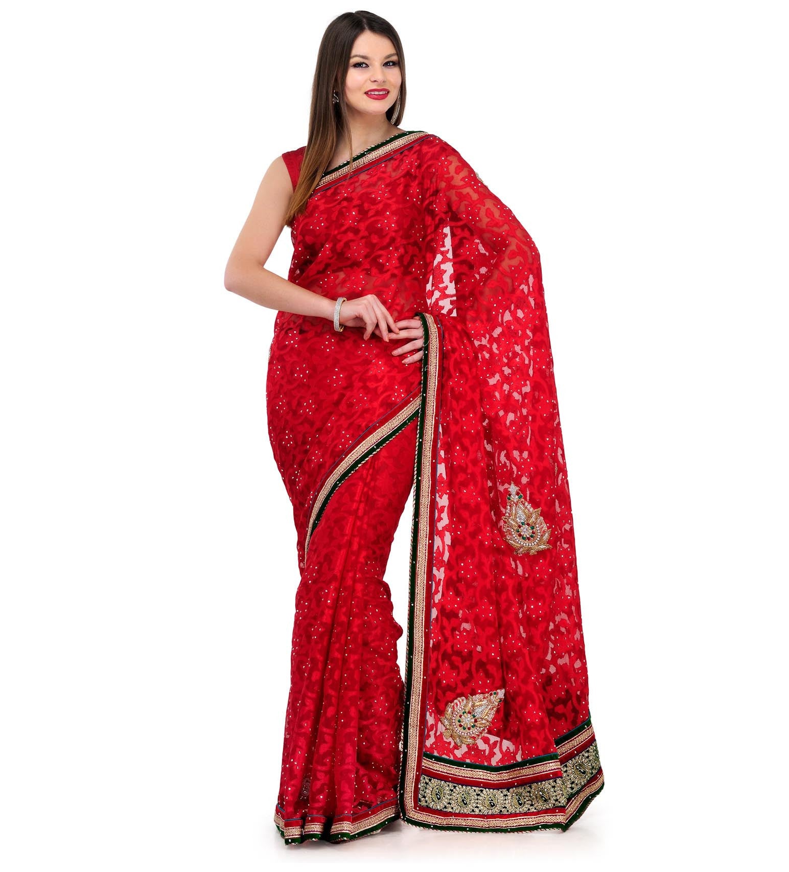 Maroon Net Brasso Saree