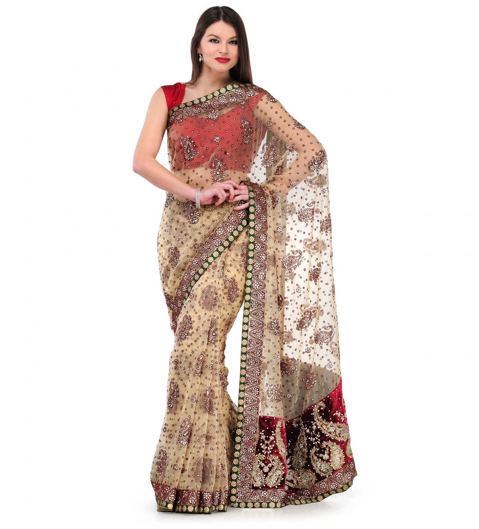 Beige Tissue Saree with Pearl Work