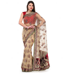 Beige Tissue Saree with Pearl Work