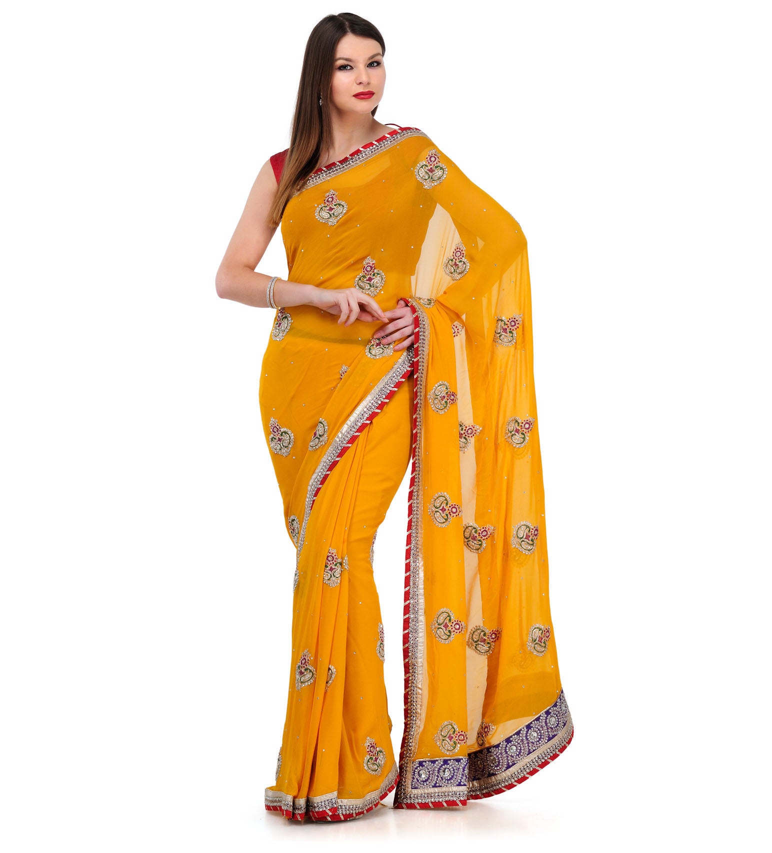 Yellow Viscose Saree with Kundan Work