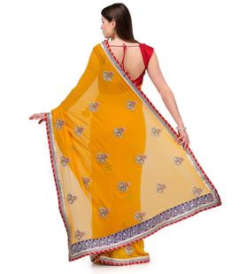 Yellow Viscose Saree with Kundan Work